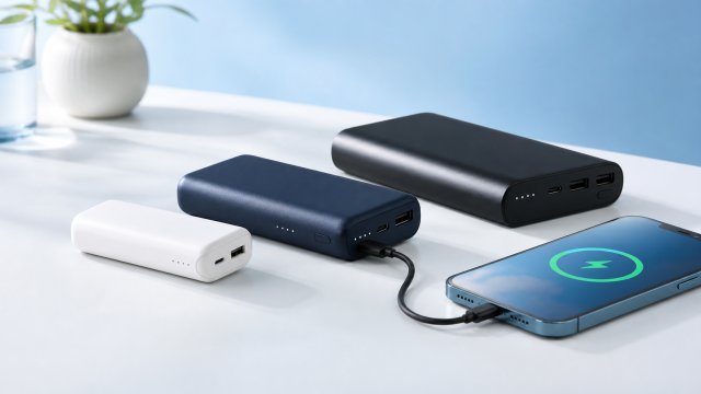 容量の異なるモバイルバッテリーと充電中のスマートフォン