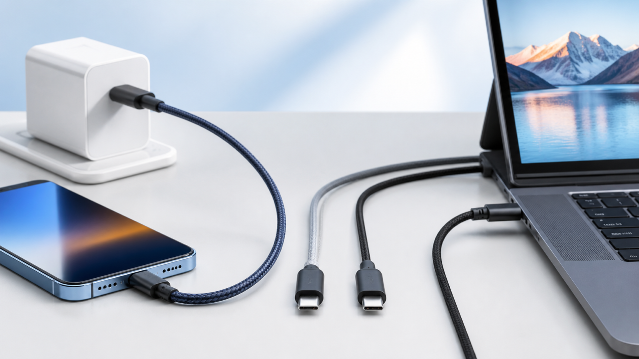 スマートフォンとノートパソコンに接続したUSB-Cケーブル