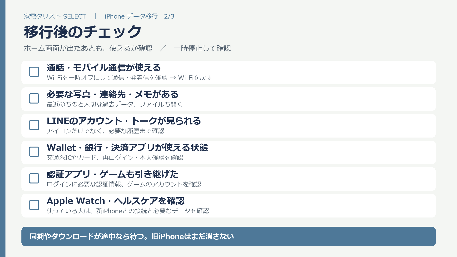 移行後の確認項目。通信、写真と連絡先、LINE、Wallet、銀行と決済、認証アプリ、Apple Watch