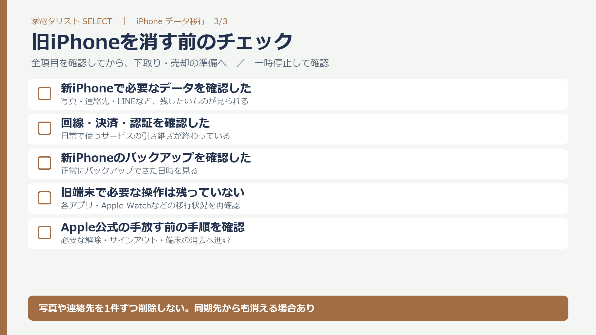 旧iPhoneを消す前の最終チェック。新端末のデータ、回線、決済、認証、バックアップ、Apple公式手順